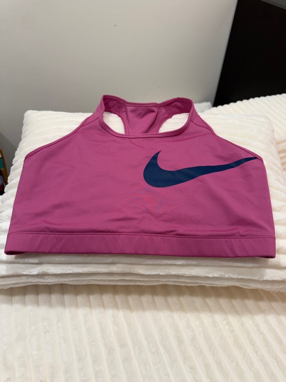 Nike Magenta High-Neck Racerback Sports Bra with Navy Swoosh